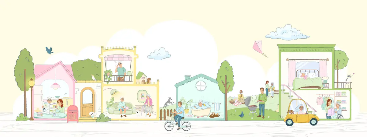 Illustration of older Australians living well at home across a neighbourhood